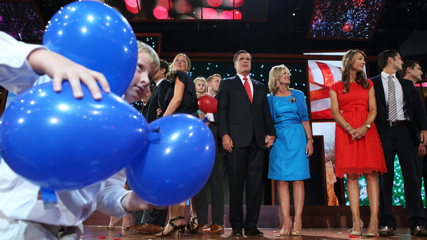 Mitt and Ann Romney (center) are surrounded by family members and balloons at the end of the 2012 Republican National Convention on Thursday in Tampa.