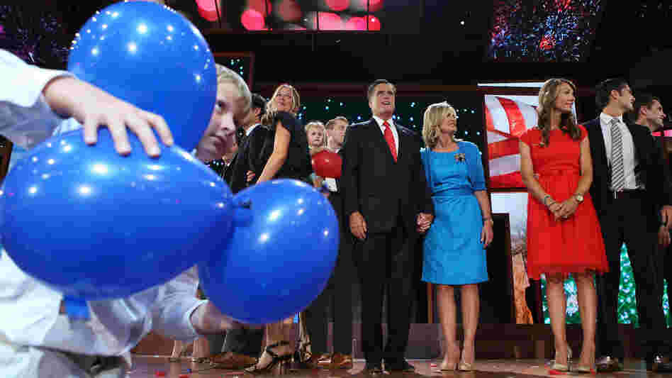 Mitt and Ann Romney (center) are surrounded by family members and balloons at the end of the 2012 Republican National Convention on Thursday in Tampa.