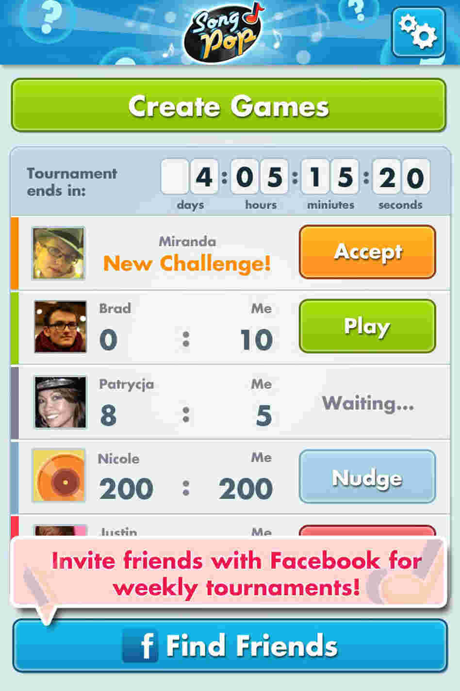 Screenshot showing players waiting to challenge you at SongPop. Screenshot showing players waiting to challenge you at SongPop.