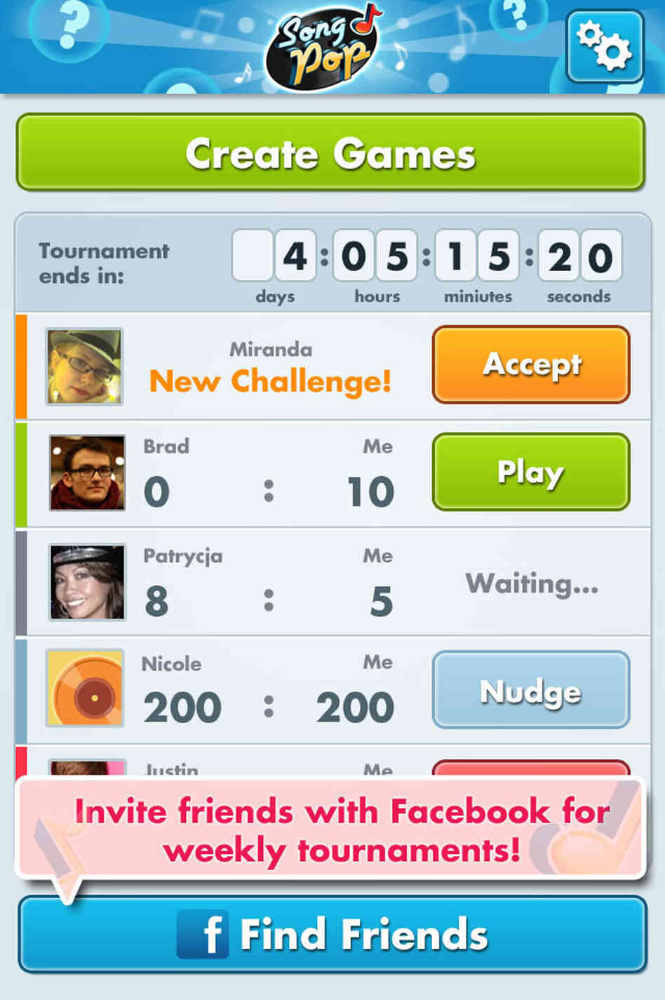 Screenshot showing players waiting to challenge you at SongPop. Screenshot showing players waiting to challenge you at SongPop.