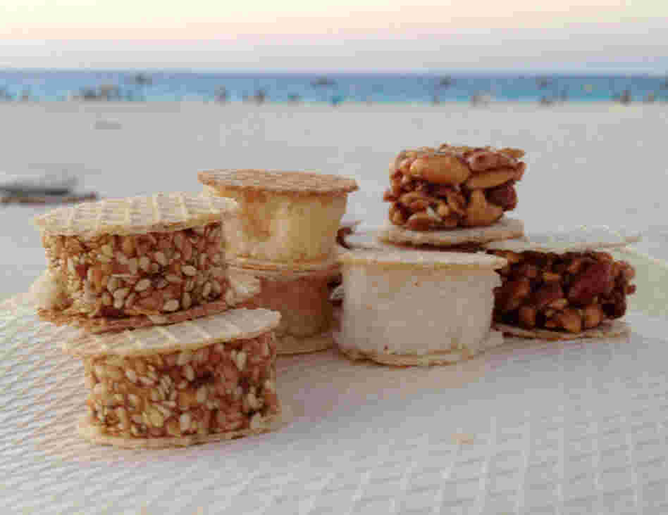 Freska are small, sweet treats — thin, crispy wafers sandwiching patties of sesame, peanuts or coconut, often held together by honey or sugar.