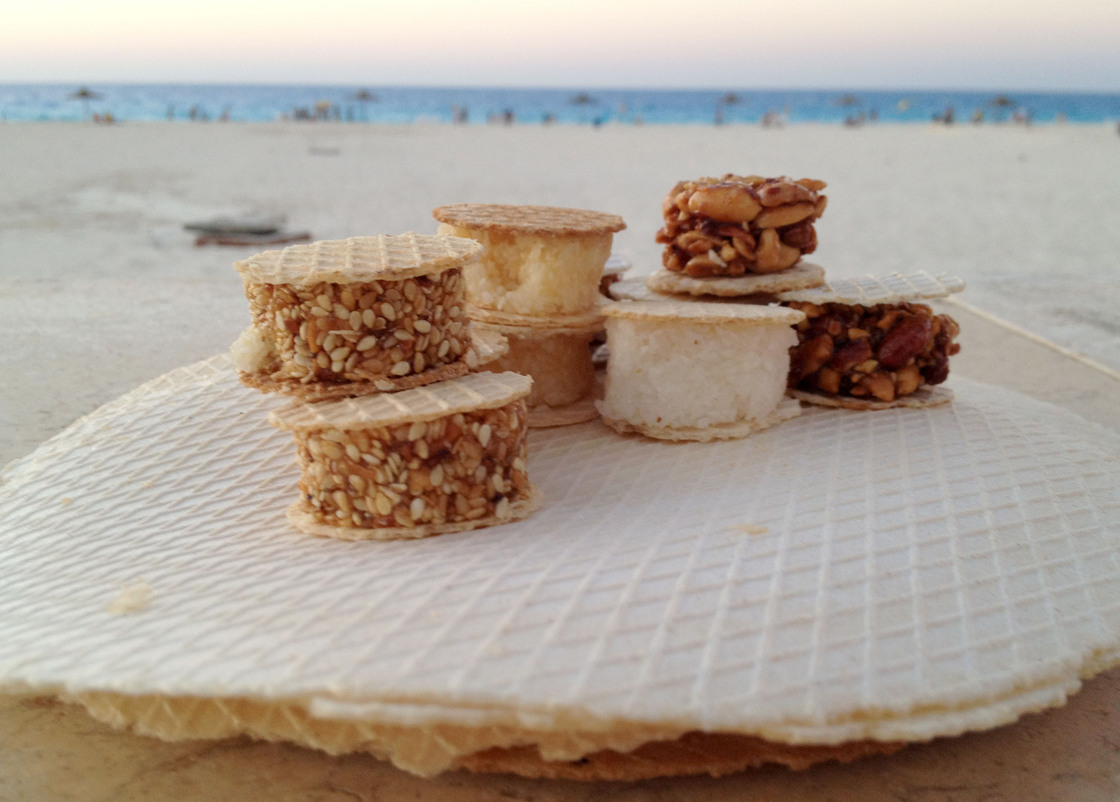 Freska are small, sweet treats — thin, crispy wafers sandwiching patties of sesame, peanuts or coconut, often held together by honey or sugar.