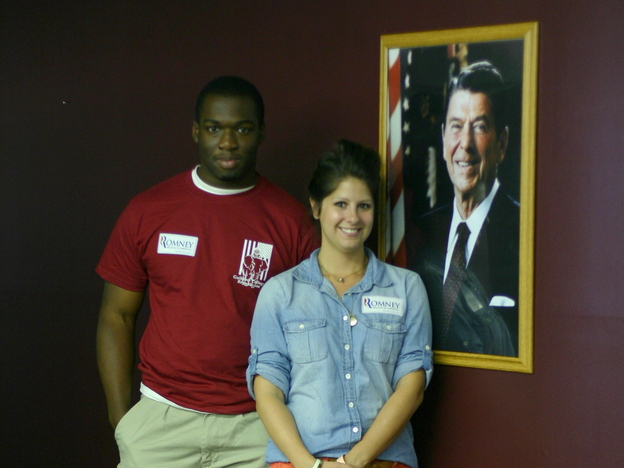 Romney-Ryan campaign volunteers Will Moore and Mindy Moorman in the Greensboro, N.C., office. (NPR)