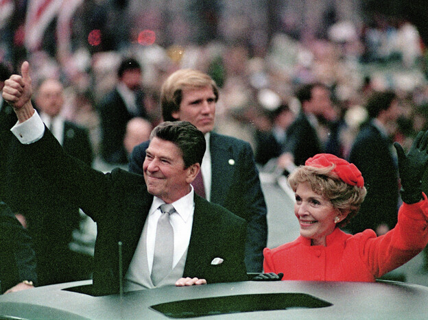 President Ronald Reagan and his wife, Nancy Reagan, in the inaugural parade in Washington, D.C., in January 1981. In his speech after being sworn in, Reagan called government "the problem."