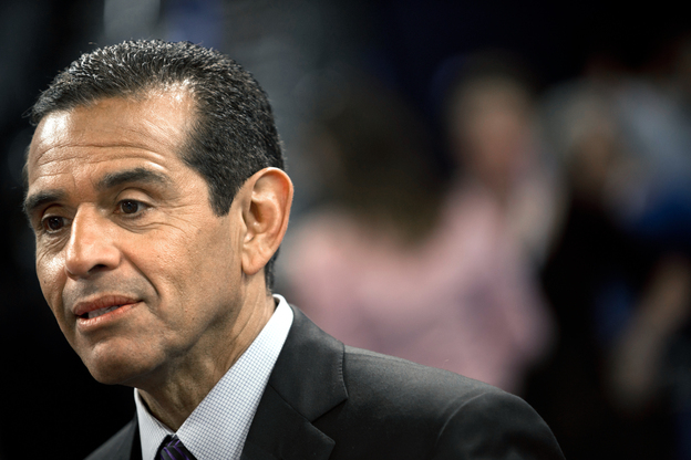 Los Angeles Mayor Antonio Villaraigosa on the floor of the Time Warner Cable Arena on Sunday.