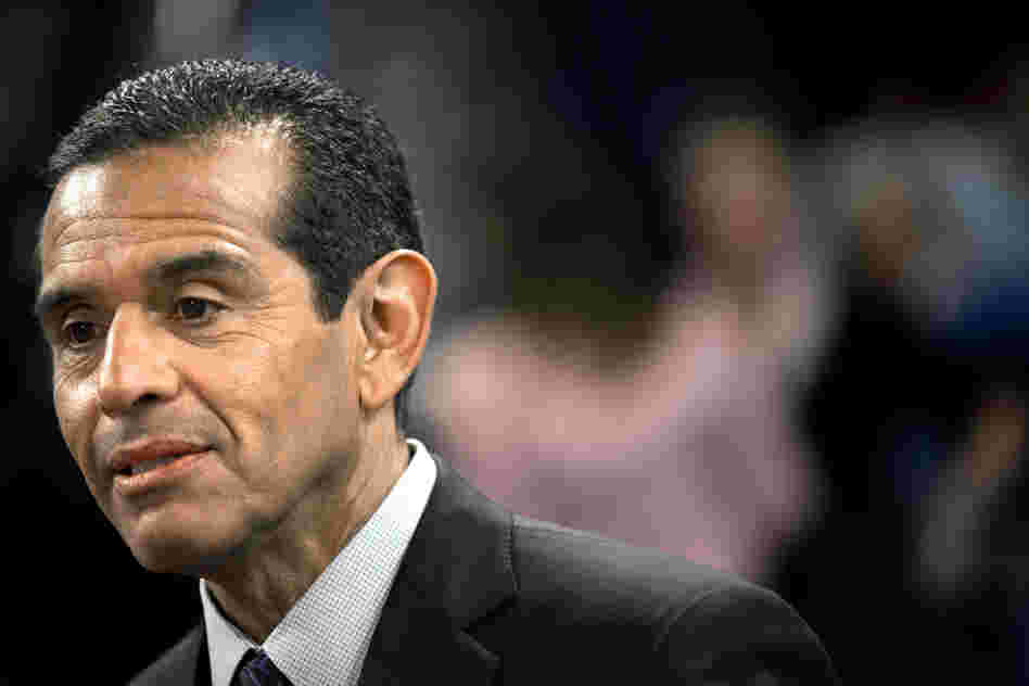 Los Angeles Mayor Antonio Villaraigosa on the floor of the Time Warner Cable Arena on Sunday.