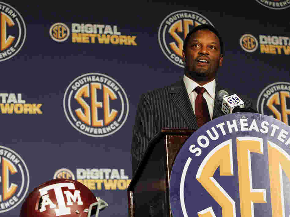 Texas A&M Coach Kevin Sumlin speaks to reporters at the Southeastern Conference NCAA college football media day.