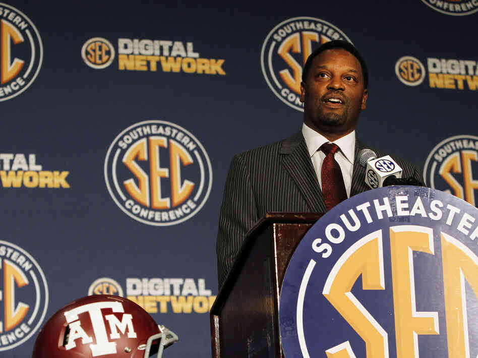 Texas A&M Coach Kevin Sumlin speaks to reporters at the Southeastern Conference NCAA college football media day.