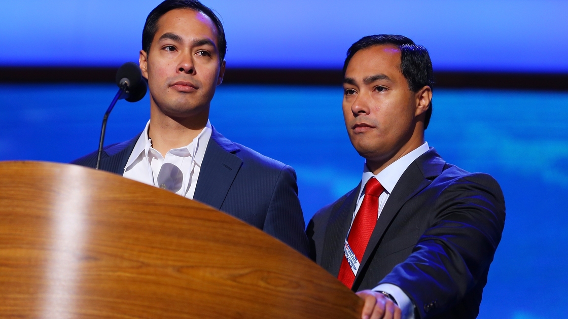 San Antonio Mayor Julian Castro (left) stands onstage with his twin, Joaquin, during preparations Monday for the Democratic National Convention in Charlotte, N.C. The mayor will give the keynote address Tuesday night, introduced by his brother, a Texas legislator.