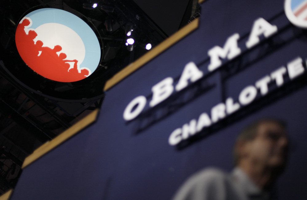 The Obama campaign logo hangs from the ceiling inside Time Warner Cable Arena at the Democratic National Convention in Charlotte, N.C., on Monday.