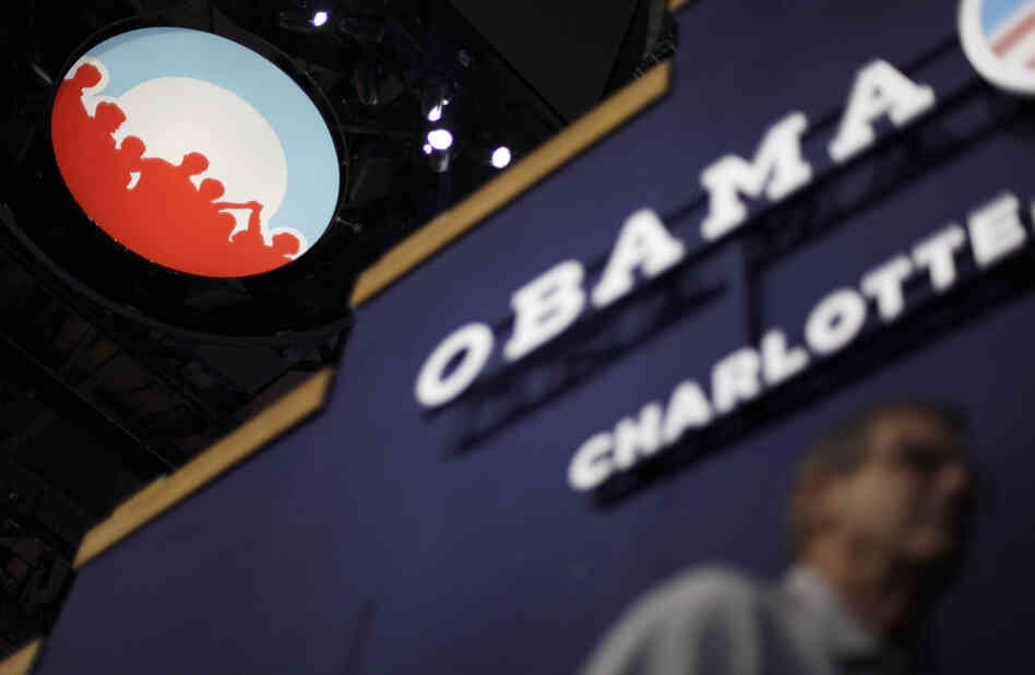 The Obama campaign logo hangs from the ceiling inside Time Warner Cable Arena at the Democratic National Convention in Charlotte, N.C., on Monday.