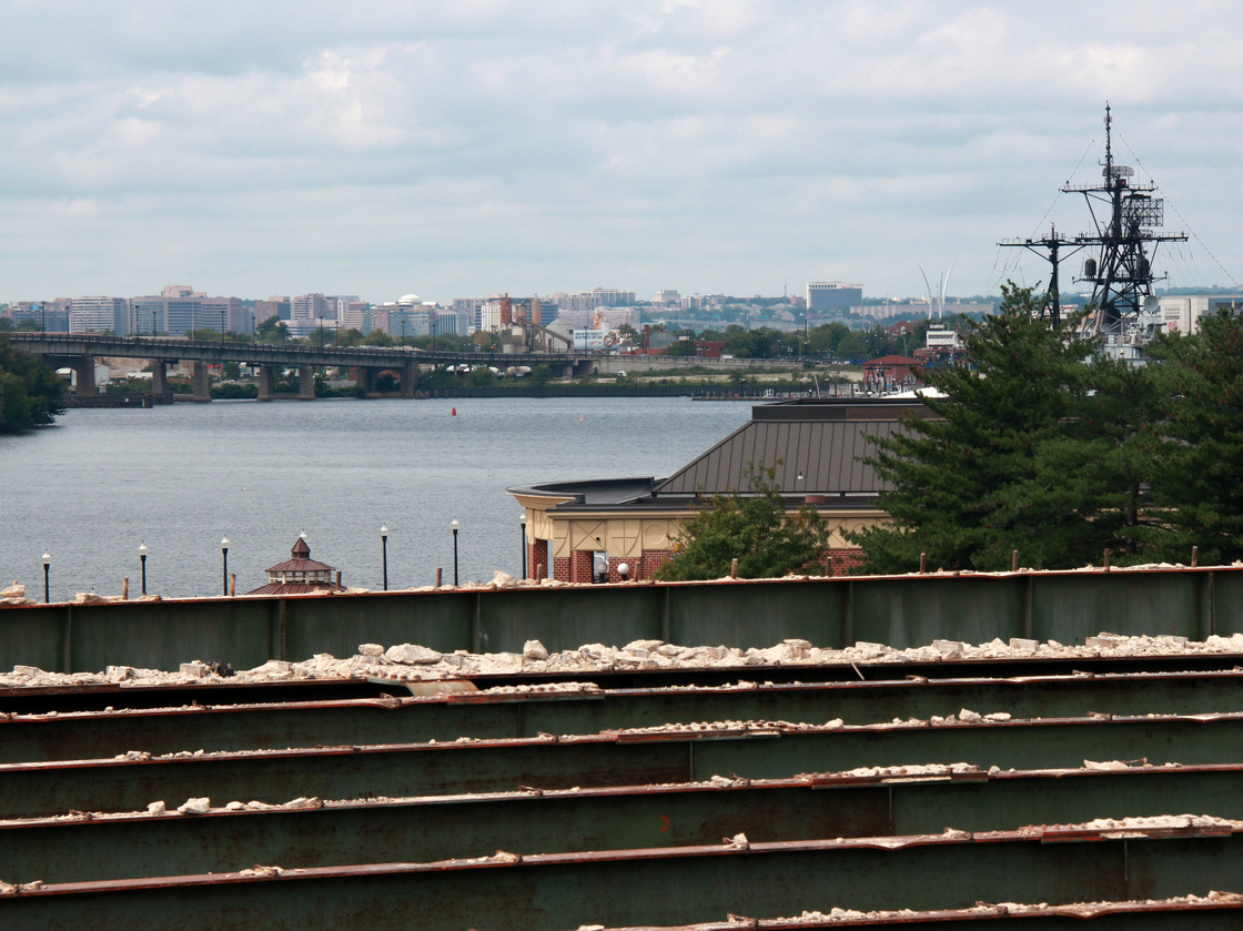 The concrete atop the old bridge has been stripped off. The proposed park would offer impressive views.