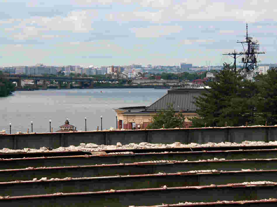 The concrete atop the old bridge has been stripped off. The proposed park would offer impressive views.
