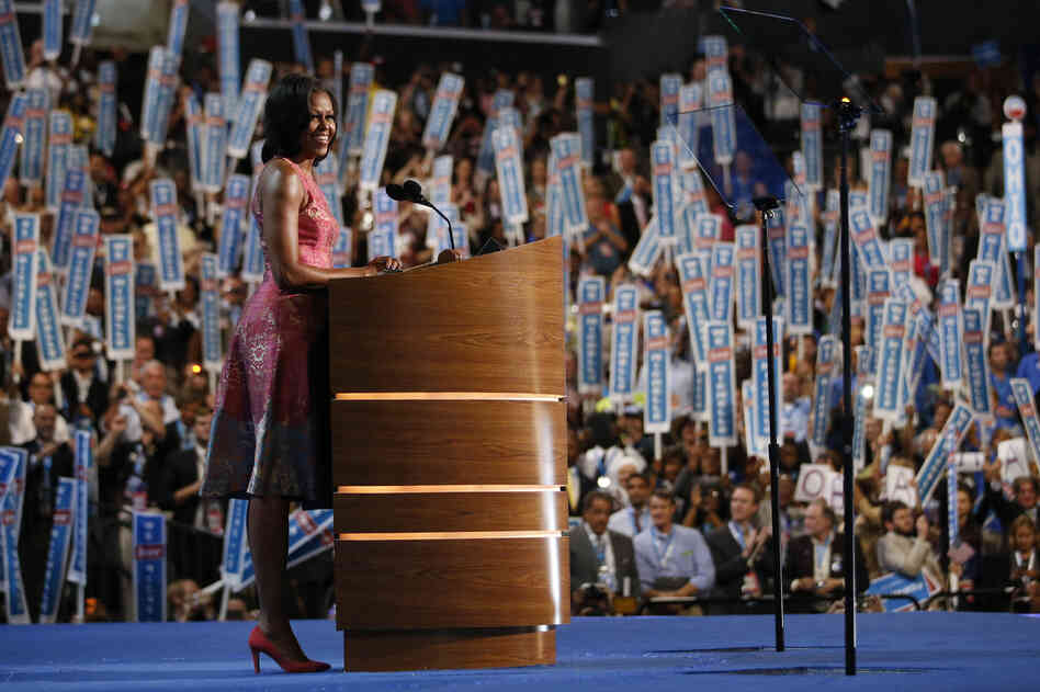First lady Michelle Obama addresses the Democratic National Convention in Charlotte, N.C., on Tuesday.