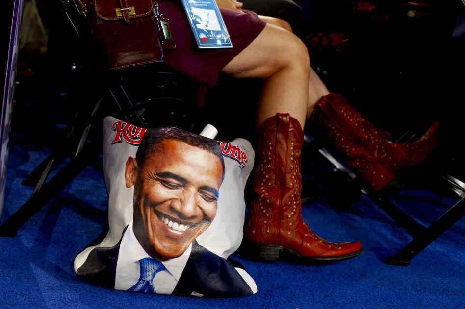 President Obama's face can be seen all over the arena.