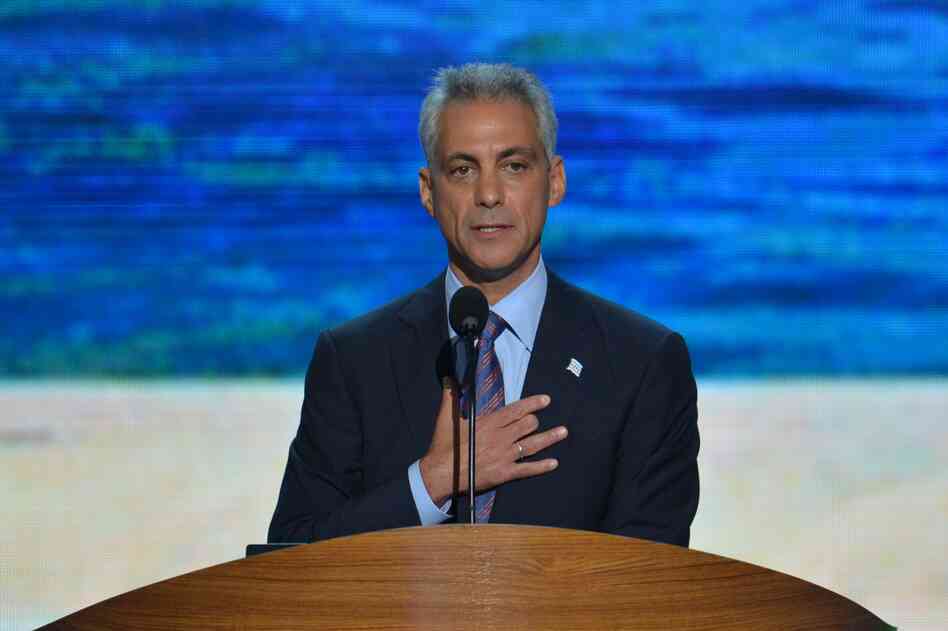 Chicago Mayor Rahm Emanuel, President Obama's former chief of staff, speaks to the audience.