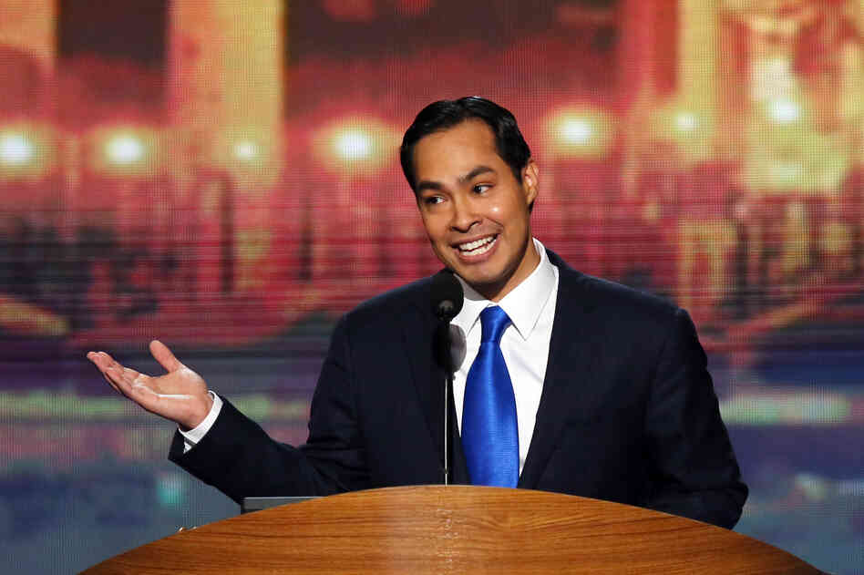 San Antonio Mayor Julian Castro gives the keynote address to the crowd. "The dream of raising a family in a place where hard work is rewarded is not unique to Americans," he said. "It's a human dream, one that calls across oceans and borders."