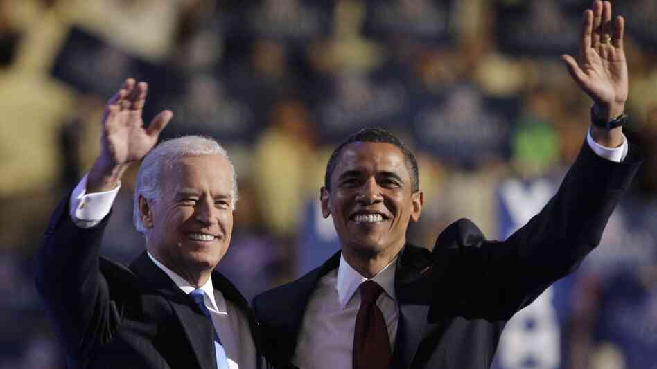 V ice President Joe Biden, left, and President Obama embrace following Biden's vice-presidential nomination acceptance speech at the Democratic National Convention in Denver, Wednesday, Aug. 27, 2008.