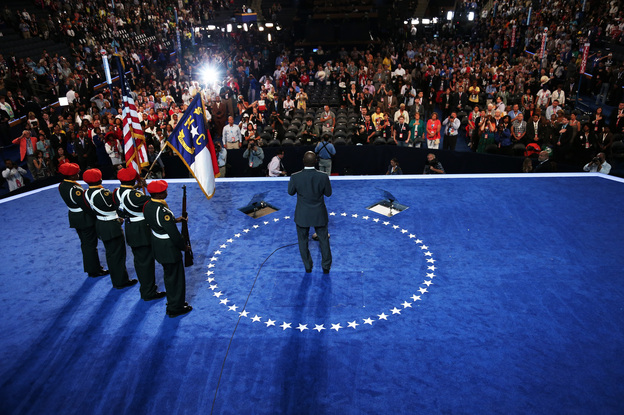 Musician Branford Marsalis performs the national anthem as the West Charlotte High School ROTC present the colors during Day 2 of the Democratic National Convention at Time Warner Cable Arena in Charlotte, N.C.