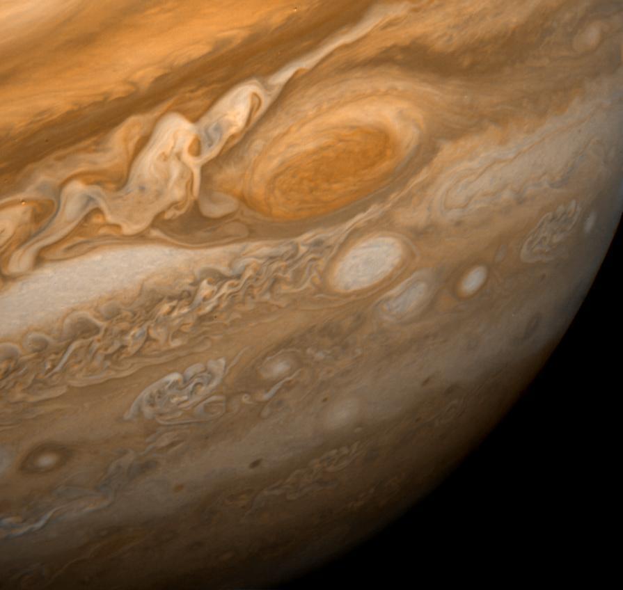 The Great Red Spot on Jupiter, seen here in an image from Voyager 1 taken on Feb. 25, 1979, is a giant, hurricane-like storm in Jupiter's atmosphere. It's been documented for at least 400 years by astronomers viewing the planet through telescopes.