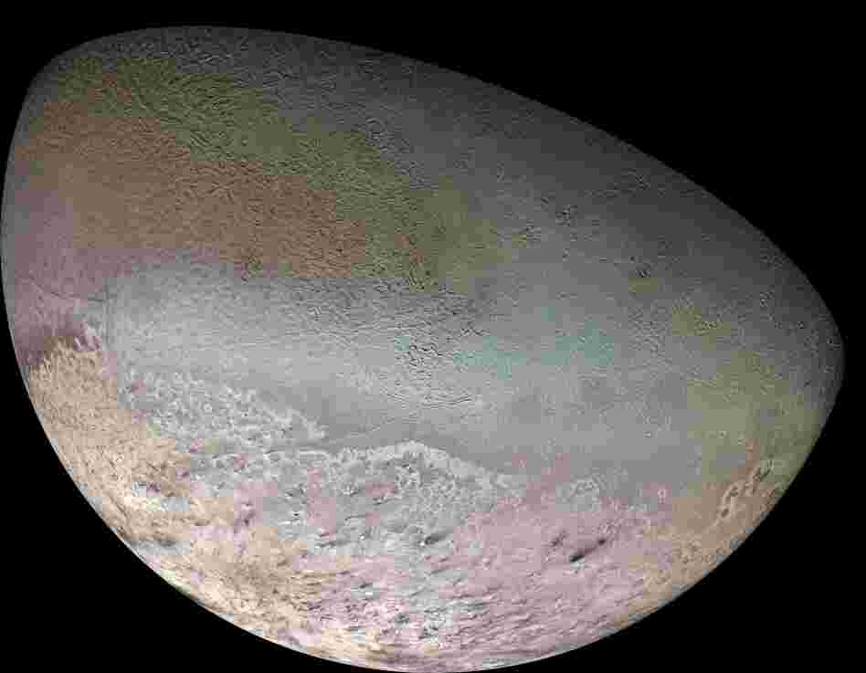 In addition to surveying the planets, the Voyager mission also spent time studying the planets' satellites, or moons. This mosaic image, taken in 1989, shows Neptune's largest satellite, Triton. Triton has the coldest surface temperature known anywhere in the solar system.