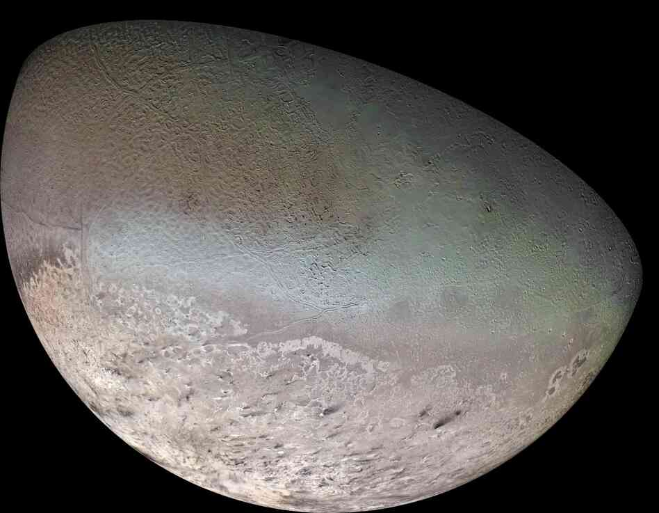 In addition to surveying the planets, the Voyager mission also spent time studying the planets' satellites, or moons. This mosaic image, taken in 1989, shows Neptune's largest satellite, Triton. Triton has the coldest surface temperature known anywhere in the solar system.