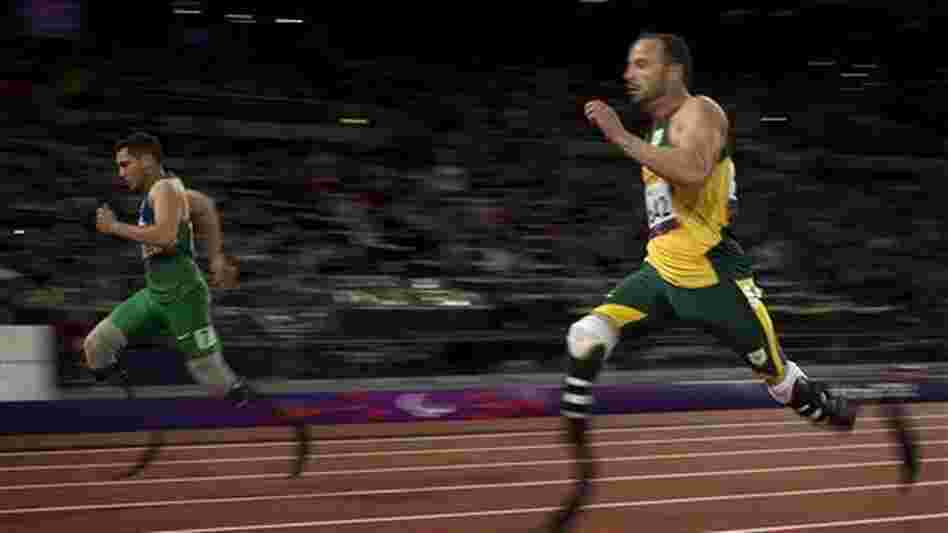In a surprise finish, Brazil's Alan Fonteles Cardoso Oliveira (left) races past South Africa's Oscar Pistorius to win a gold medal in the 200-meter race at the 2012 London Paralympic Games. In a surprise finish, Brazil's Alan Fonteles Cardoso Oliveira (left) races past South Africa's Oscar Pistorius to win a gold medal in the 200-meter race at the 2012 London Paralympic Games.