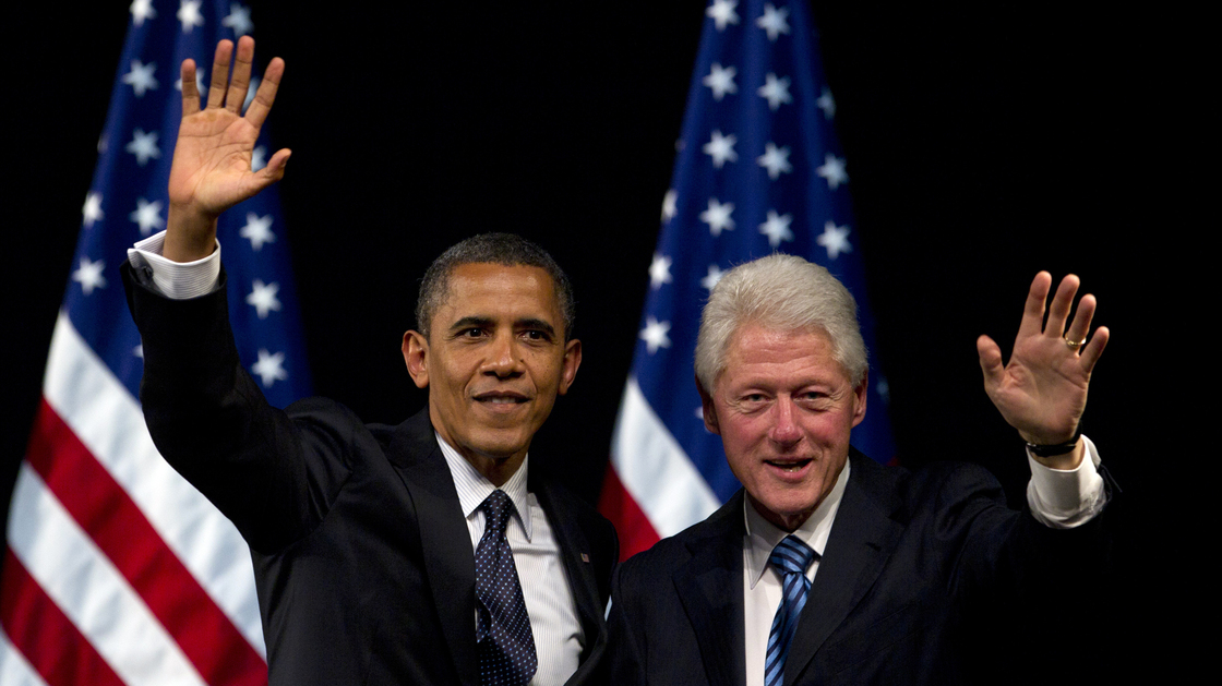 President Obama and former President Bill Clinton appear at a  campaign event in New York in June.