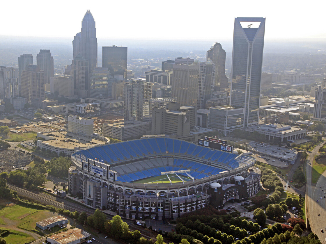 The skyline of Charlotte, N.C., rises behind Bank of America Stadium.