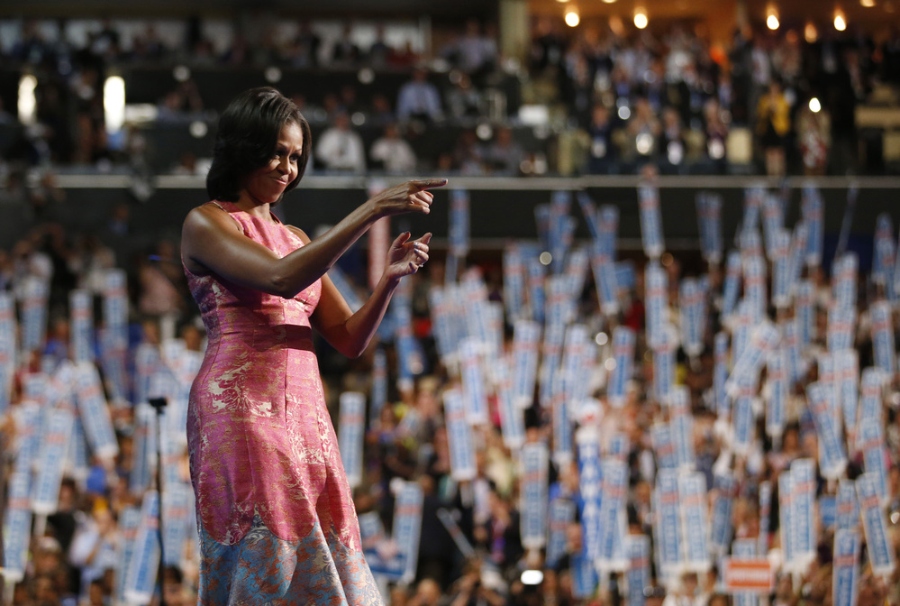 First lady Michelle Obama waves after addressing the Democratic National Convention in Charlotte, N.C., on Tuesday.