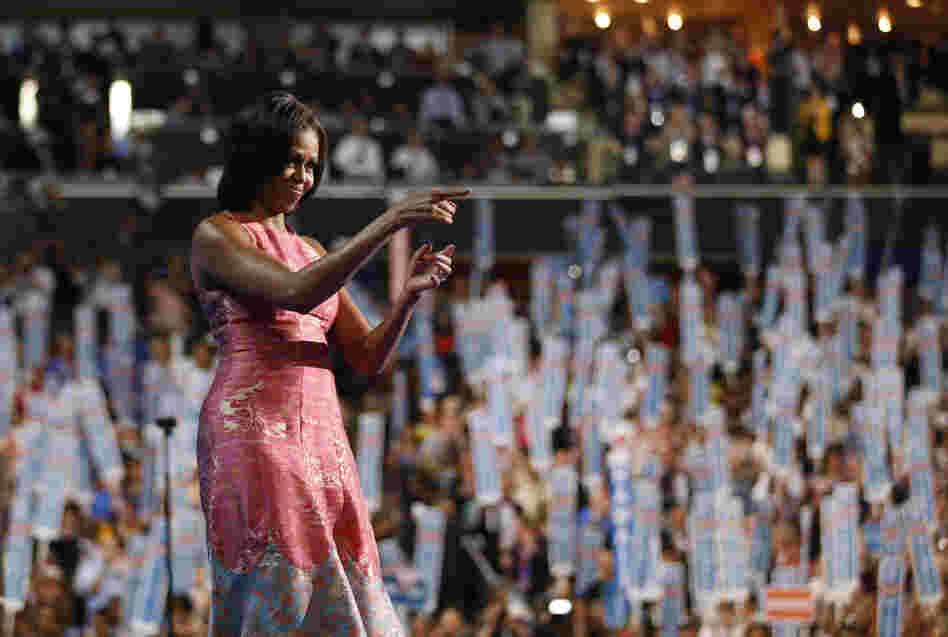 First lady Michelle Obama waves after addressing the Democratic National Convention in Charlotte, N.C., on Tuesday.