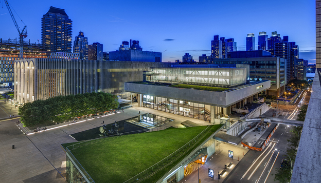 LCT3's Claire Tow Theater is a two-story structure built on a steel truss that straddles the roof of Lincoln's Vivian Beaumont Theater. Before or after performances, theatergoers can mingle over drinks at a roofdeck bar that overlooks Lincoln Center and the surrounding neighborhood.