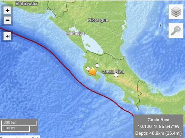 The star marks the epicenter of today's earthquake in Costa Rica.