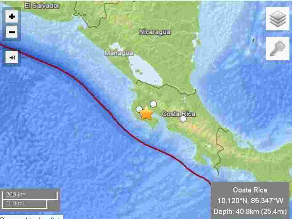 The star marks the epicenter of today's earthquake in Costa Rica.