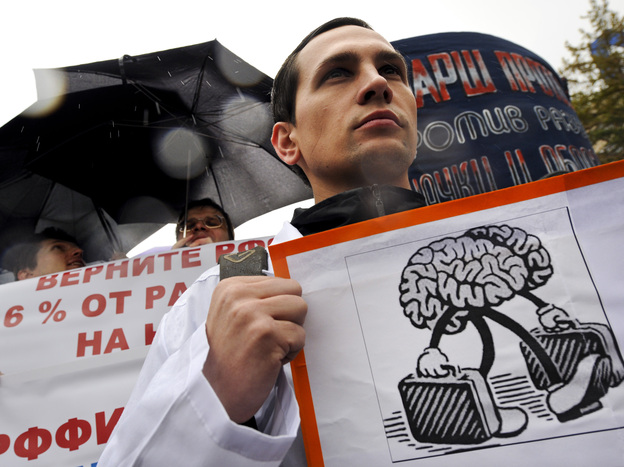 Russia is suffering from an ongoing exodus of many educated, talented citizens, including scientists. Here, scientists rally in Moscow to demand the government increase funding for science on Oct. 13, 2011. Russia is suffering from an ongoing exodus of many educated, talented citizens, including scientists. Here, scientists rally in Moscow to demand the government increase funding for science on Oct. 13, 2011.