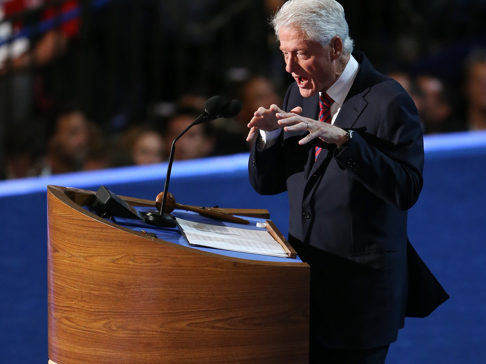 Former President Bill Clinton speaks on stage during day two of the Democratic National Convention at Time Warner Cable Arena on September 5, 2012 in Charlotte, North Carolina.