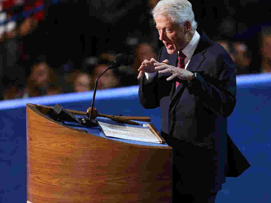Former President Bill Clinton speaks on stage during day two of the Democratic National Convention at Time Warner Cable Arena on September 5, 2012 in Charlotte, North Carolina.