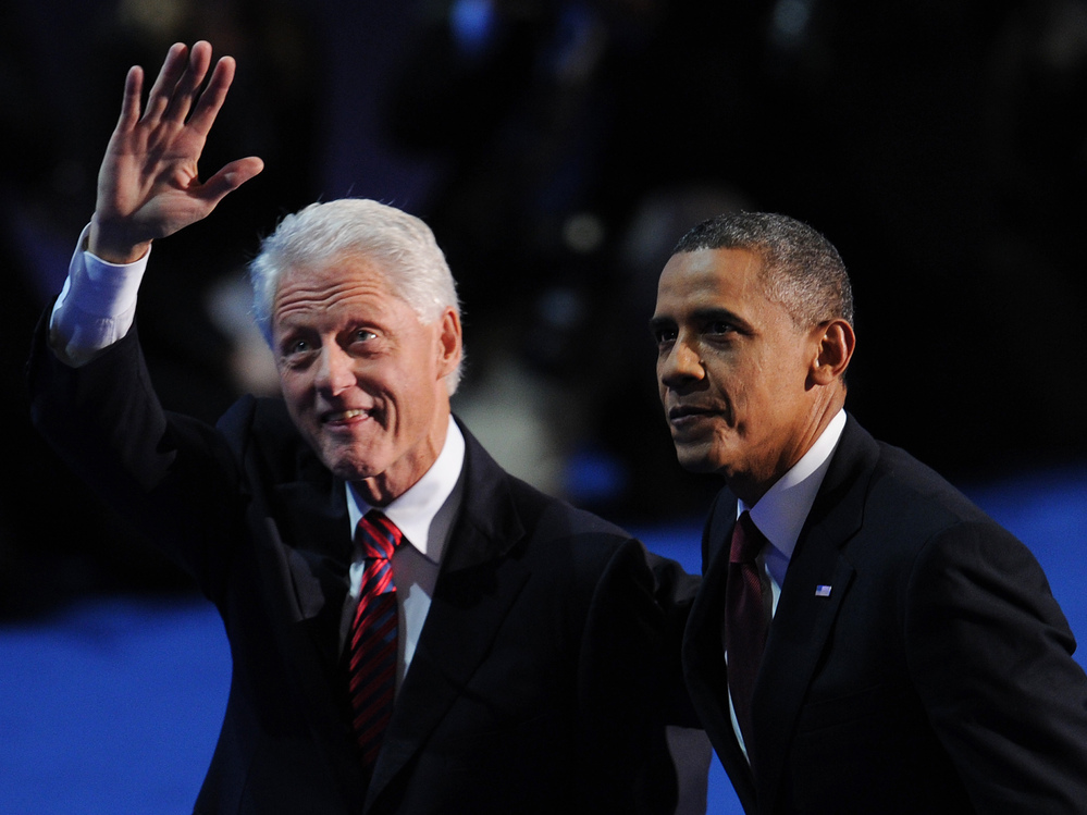 President Barack Obama and former president Bill Clinton appear together on the stage on day two of the Democratic National Convention, at the Time Warner Cable Arena in Charlotte, North Carolina September 5, 2012.