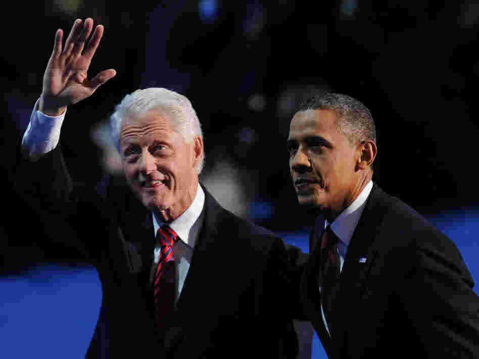 President Barack Obama and former president Bill Clinton appear together on the stage on day two of the Democratic National Convention, at the Time Warner Cable Arena in Charlotte, North Carolina September 5, 2012.
