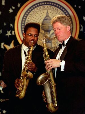 President Bill Clinton plays a saxophone with Everette Harp at the Arkansas inaugural ball on Jan. 20, 1993. President Bill Clinton plays a saxophone with Everette Harp at the Arkansas inaugural ball on Jan. 20, 1993.