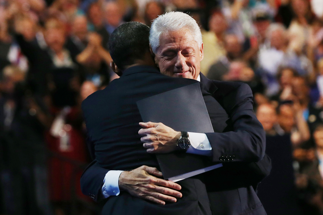 Former President Bill Clinton hugs President Obama onstage after Clinton's rousing speech during the Democratic National Convention on Wednesday in Charlotte, N.C.