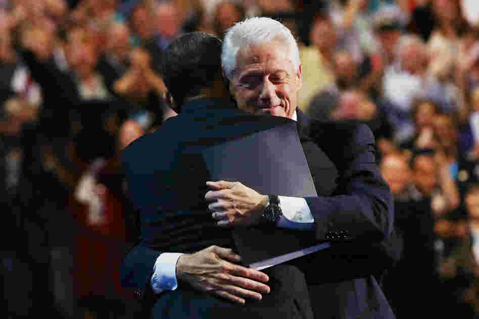 Former President Bill Clinton hugs President Obama onstage after Clinton's rousing speech during the Democratic National Convention on Wednesday in Charlotte, N.C.