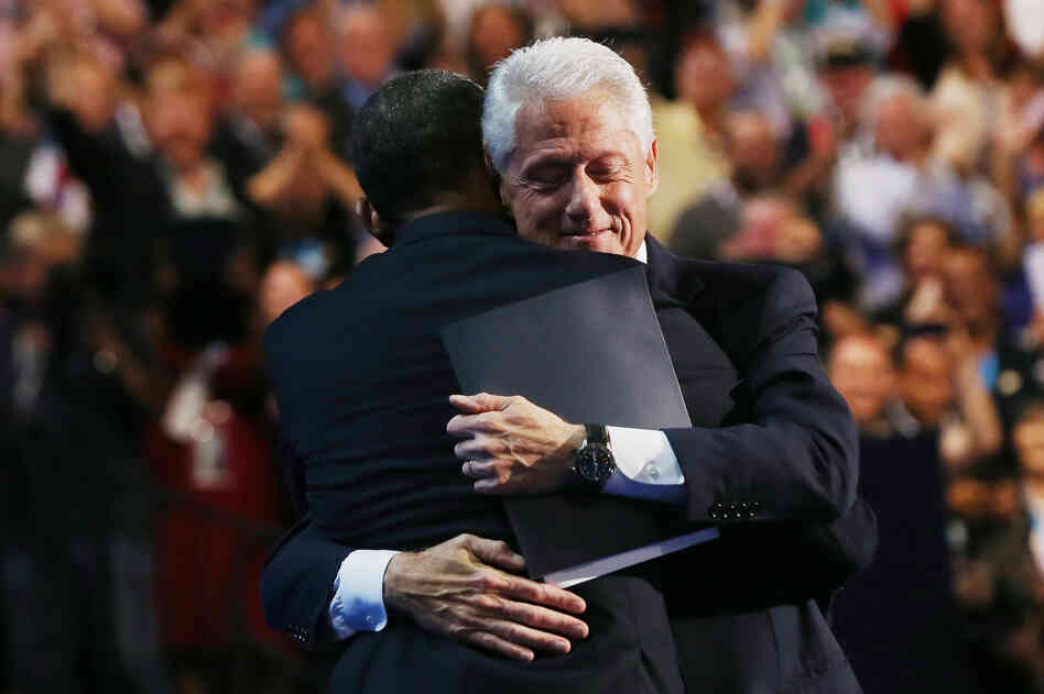 Former President Bill Clinton hugs President Obama onstage after Clinton's rousing speech during the Democratic National Convention on Wednesday in Charlotte, N.C.