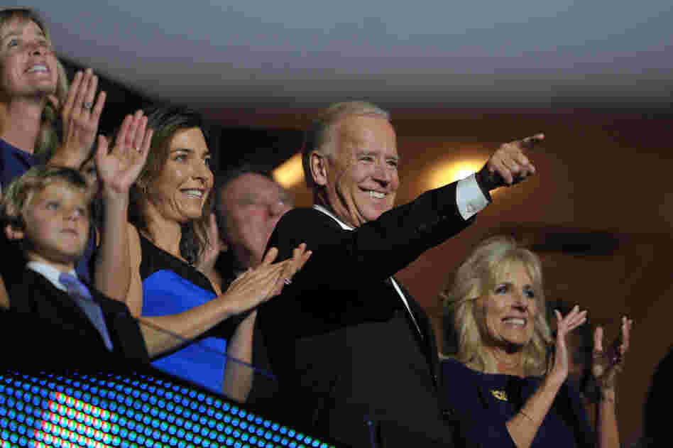 Biden, flanked by his wife, Dr. Jill Biden (right), and other family members, points to his son, Beau, on stage at the Democratic National Convention in Charlotte, N.C., on Thursday. "It is my great honor to place into nomination for the office of vice president the name of my father, my hero, Joe Biden," Beau said.