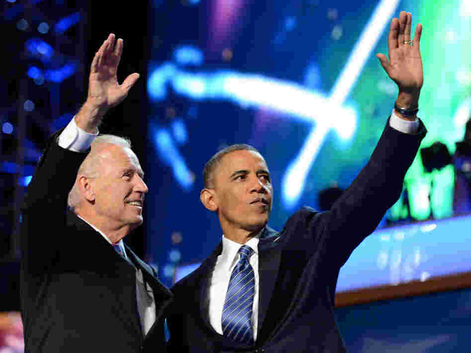 Vice President Biden and President Obama wave to the delegates Thursday night at the conclusion of the Democratic National Convention in Charlotte, N.C.