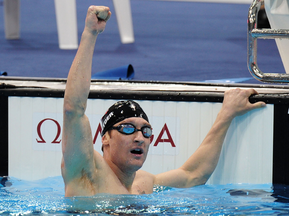 Bradley Snyder celebrates after winning gold in the 400-meter freestyle at the Paralympics in London on Friday. The Navy lieutenant won the event exactly one year after losing his sight in an explosion in Afghanistan.