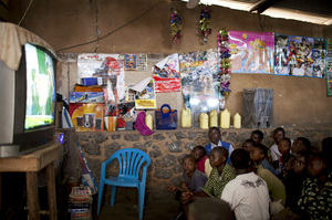Boys pile into a movie theater that shows Jackie Chan-style action films dubbed in Swahili, in the town of Rutshuru, eastern Congo. The theater offers a brief respite from tensions outside. Boys pile into a movie theater that shows Jackie Chan-style action films dubbed in Swahili, in the town of Rutshuru, eastern Congo. The theater offers a brief respite from tensions outside.