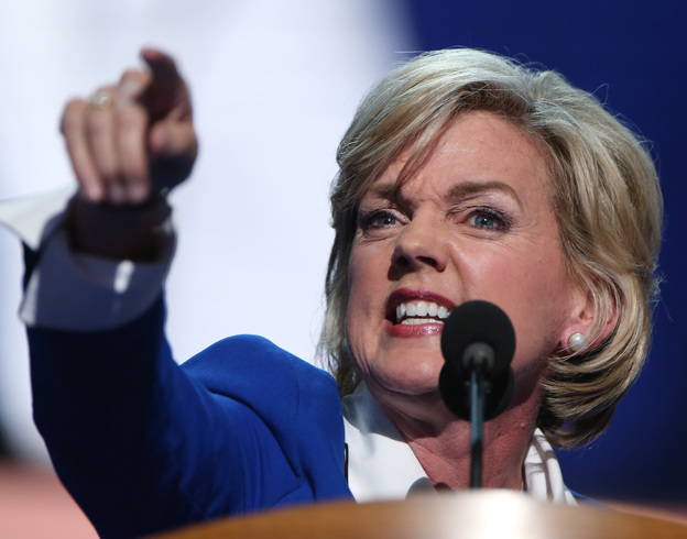 Former Michigan Gov. Jennifer Granholm making one of her points Thursday at the Democratic National Convention.