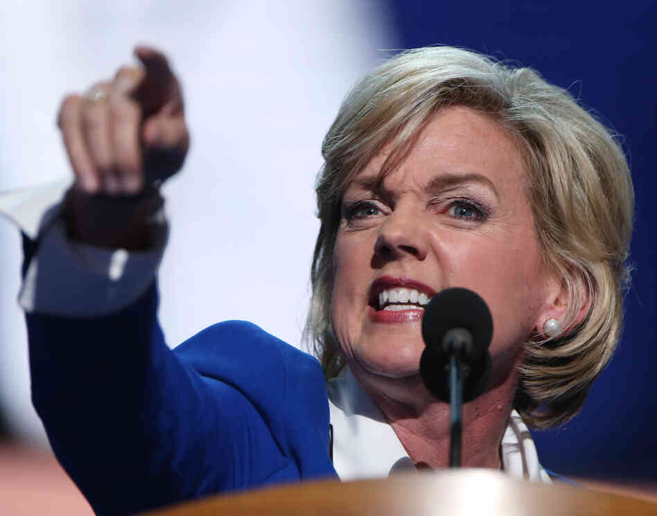 Former Michigan Gov. Jennifer Granholm making one of her points Thursday at the Democratic National Convention.
