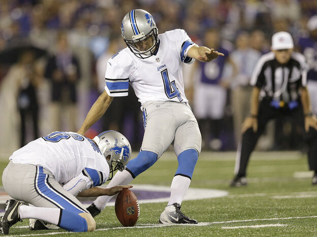 Detroit Lions place-kicker Jason Hanson kicks the ball in an NFL preseason game against the Baltimore Ravens last month. Hanson, 42, has played 21 consecutive seasons for the Lions. Detroit Lions place-kicker Jason Hanson kicks the ball in an NFL preseason game against the Baltimore Ravens last month. Hanson, 42, has played 21 consecutive seasons for the Lions.